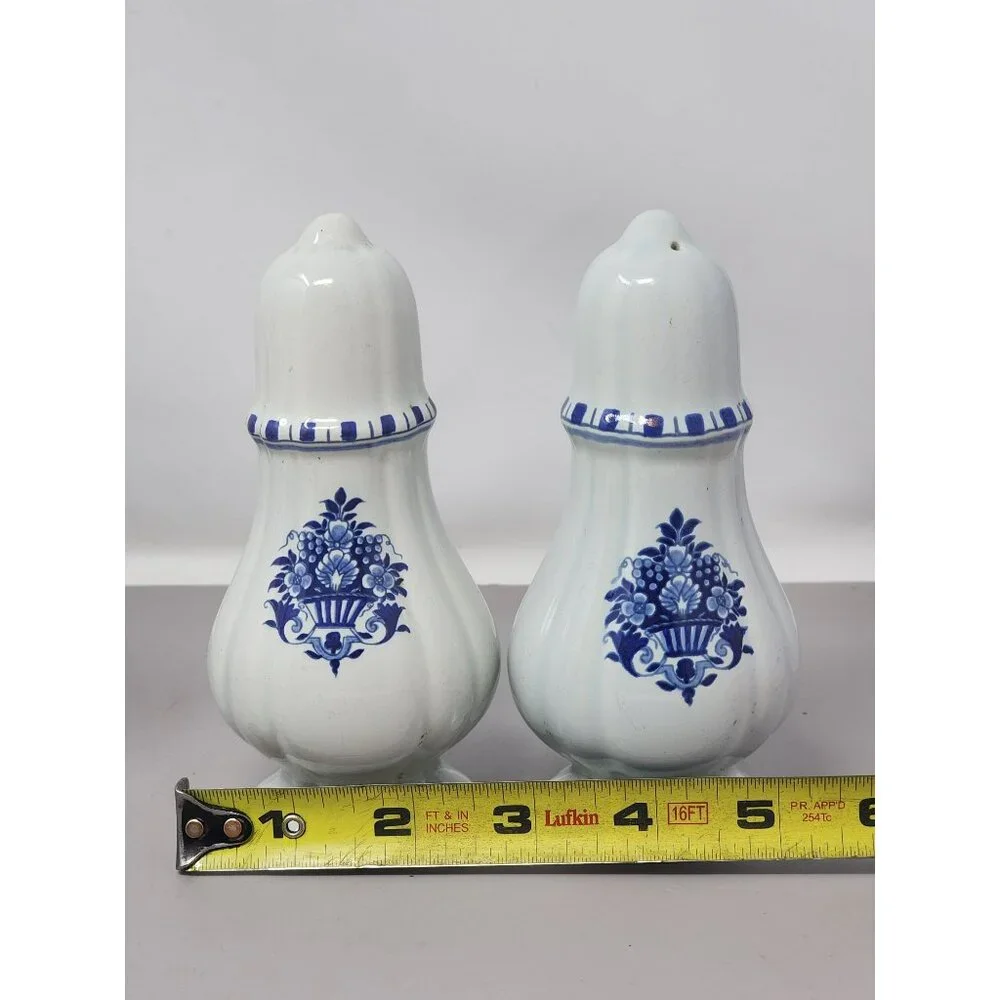 Vintage Ceramic Salt & Pepper Shakers White & Blue‎ Floral Design